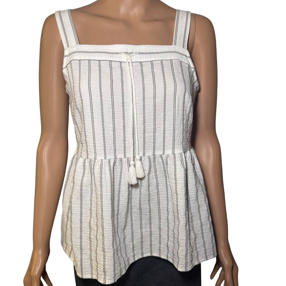 Banana Republic Womens XS Grey White Striped Seersucker Peplum Tassel Tank Top